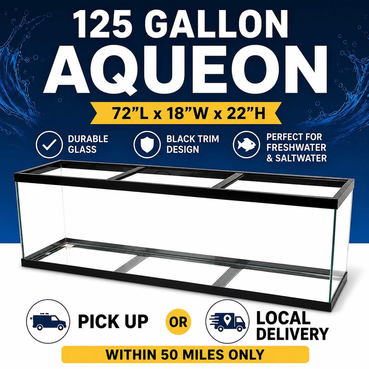 Aqueon Standard Aquarium – 125 Gallon – Black Frame – Black Silicone (Pick-Up Only)